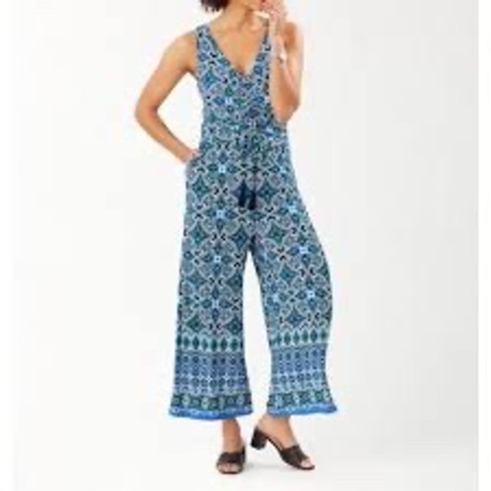 Tommy Bahama Nassau Sleeveless Medallion Blue Crop Wide Leg Jumpsuit Size Large